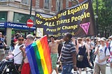 An LGBT+ Pride march in London, 2010. Marchers are holding up a banner by the campaign group Press for Change that reads: ‘Respect and Equality for All Trans People.’