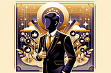 Image symbolizing an influencer’s success, featuring a central figure surrounded by social media icons, harmoniously blending light beige, gold, and dark violet colors, highlighting the ascent and influence in the digital world.