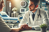 A close-up of a doctor reassuring a patient in a hospital setting — a concept of innovative approaches to opioid addiction