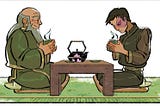 A cartoon fan art image inspired by the cartoon Avatar. It shows an elderly Uncle Iroh and a young Zuko kneeling at a table for tea ceremony. Iroh smiles on as Zuko looks supiciously at his cup.