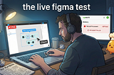 A horizontal illustration of a designer wearing headphones, working late at a cluttered desk. He is focused on a laptop showing a live Figma session with an “Auto-layout pipeline” and a hovering “Client” cursor. A secondary monitor displays an Upwork notification reading “Refund Processed: -$279.60” and “PAYMENT FAILED.” The text “the live figma test” is written across the top. A concerned orange chef mascot stands nearby among coffee cups, crumpled papers, and discarded wireframe sketches.