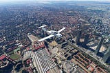 A plane flying Madrid in Flight Simulator