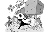 Art of the main character from Toem standing to the left of a tree with an info kiosk and Toem mountain behind them