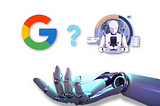 Robotic hand extended with a Google logo, a ? mark, and an AI design