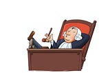 Image of a cartoon of “judge”in a powder wig, with his feet up on the bench, sitting very relaxed, while whistling.