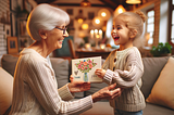 An elderly woman, with silver hair and glasses, dressed in a comfortable sweater, bends down with a smile of pure joy to receive a handmade ‘Thank You’ card from a small child. The child, about five years old, is excitedly holding the card with both hands, showing pride. They are in a cozy living room with soft lighting and comfortable furniture, creating a warm and affectionate atmosphere of gratitude and love.