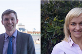 An image of David standing in front of a river and Marzena standing in front of a hedge. Both are smiling and in work clothes.