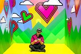 Person sitting on ground in a colorful room working on a Rubix Cube