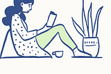 Cartoon of girl sitting with a tea reading a book next to a plant