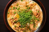 Overhead shot of a traditional Oyakodon rice bowl