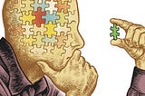 A man is thinking about how to fit a puzzle piece into his head.