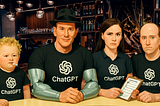 Illustration of four human-like characters sitting at a bar, each wearing a “ChatGPT” T-shirt. The figures represent different GPT bots with distinct personalities: a baby with a cigarette (ChatGPT Vanilla), a muscular man in a hat (RAMMP Bot), a stern woman with a clipboard (Responses API), and a bald, expressionless man (OpenAI Assistants). The scene humorously visualizes the idea that identical AI models can behave very differently depending on how they’re “raised.”