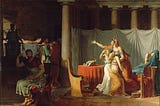 Jacques-Louis David, The Lictors bring Brutus the Bodies of his Sons, 1789. Brutus mourns in the right foreground, while the women coddle the children in the background.