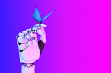 A robotic hand, gently holding a blue butterfly. Background is a gradient from blue to magenta.