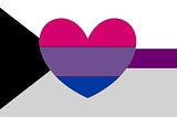 Image: The demisexual pride flag — a horizontal white band over a grey band with a purple stripe running through the middle a