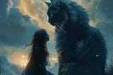 A girl and a giant cat with the moon shining behind them — Midjourney