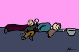 An exhausted woman with the start of a pregnancy belly lies on the floor reaching for a mixing bowl while a very happy toddler plays with crackers around her