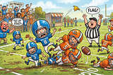 A cartoon-AI generated photo of two pee-wee-type football teams playing each other with a coaching yelling during the action.