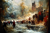 Midjourney’s bot: “a meta crisis of civilisation, unravelling fast across sways of space-time, cinematic, dramatic, biblical, Turner and Bruegel”