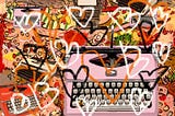 From ChatGPT: Illustrated collage of multiple vintage typewriters layered across a vibrant, abstract background in warm tones of orange, red, and yellow. White and orange hand-drawn hearts are scattered over the image, overlapping the typewriters. The overall style is bold and expressive, blending retro office tools with Valentine’s-themed heart imagery. Illustration by Francois Top.