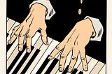 Two male hands playing a piano keyboard