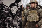 Bosnia and Herzegovina President Alija Izetbegovic during the 1990s war flanked my his army; President Volodymyr Zelenskyy of Ukraine with his army