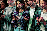 illustratoin of kids in a crowd looking at their phones