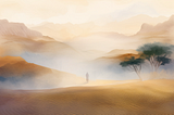 Distant figure walking toward desert oasis