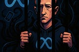 IMAGE: Mark Zuckerberg gripping prison bars, with dark tentacles holding glowing smartphones behind him and the Meta logo looming in the background, symbolizing pervasive surveillance