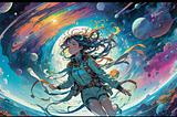 a young woman floats, warped, above the water surrounded by swirling colors and celestial bodies; the moon looming large behind her.