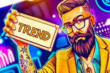 Spot the Next Big Crypto Trend and Make Millions with My “TREND” Strategy Learn How the TREND Strategy Can Discover Your Next Golden Crypto Opportunity, AI image created on midjourney v6 by henrique centieiro and bee lee, a man with tattoo and beard and glasses, holding a big sign with big bold words “TREND”
