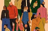 Illustration of people from all walks of life -different ages, cultures, races and stages-  in a crowd going about their day.