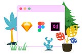 An illustration of Sketch, Figma, and Adobe XD logo inside of a browser window.