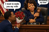 A funny cartoon photo featuring Maxine Waters. A would-be suitor is saying he wants to make her his wife. She is holding the gavel and saying, “Reclaiming my time.”