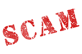 Ink stamp of the word “scam”.