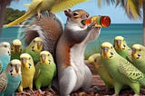 Steve the squirrel enjoying drinks with a pack of parakeets in florida from the Steve the Squirrel series on Medium