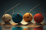 quatro bolas coloridas parecem desenrolar enquanto pousam em pequenos montes de areia molhada, sobre um espelho d'água que reflete suas cores