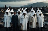 A group of fearless Black BBC reporters stand tall in a war-torn landscape, their cone-shaped white hoods a stark contrast to the chaos around them.