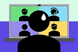 An androgynous person stands nervously in front of a computer screen where attendees are assembled for a virtual interview.