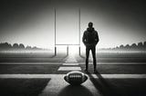 Lone person staring at an American football field with the goalpost in the dstance.