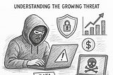 Black and white pencil sketch of a masked cybercriminal using a laptop surrounded by symbols of cyber threats and data breaches.