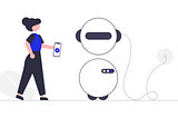 woman with phone stands in front of a robot with AI
