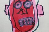 A badly drawn head where the face has been torn off, leaving a red raw hole where a face used to be. It’s more of a bad cartoon than something horrifying.
