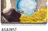This is a promotional image with a mixed-media painting by the artist Alexis de Chaunac which is named “Insomnia,” created with oil, sand, moss, glue on wood in 2020. The work contains an abstracted image of a skull and a candle. The primary colors are blues, browns, and yellows.