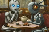Robots talking while drinking tea on a cafe