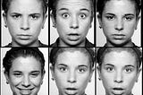 A grid of six black and white photos showing a person’s face expressing various emotions: anger, surprise, sadness, happiness, fear, and neutrality.