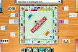 Monopoly board with all 32 houses built on brown, light blue, and orange properties