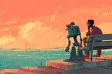 A person and their robot companion watch a colorful sunset over the ocean from a bench.