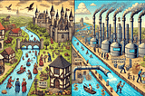 Split-screen illustration comparing water resource control by nobles in medieval times and by corporations in modern times, showing restricted access and high costs in both eras.