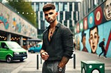 A young handsome man with high fade haircut, dressed with shirt and pants, wearing jewellery, street background